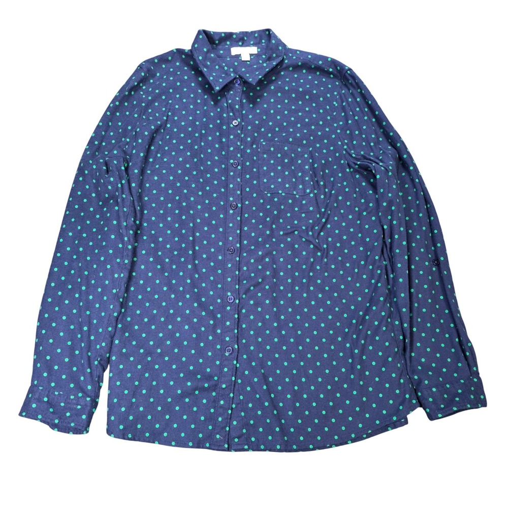Kim Rogers Botton Down Shirt‎ Women's Size XL Navy Blue Green Polka Dot Roll Tab